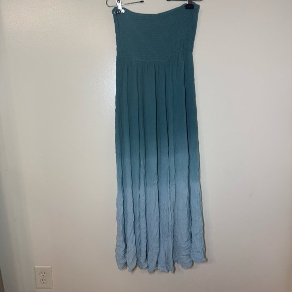 Earthbound Teal and Light Blue Ombre Strapless Maxi Dress